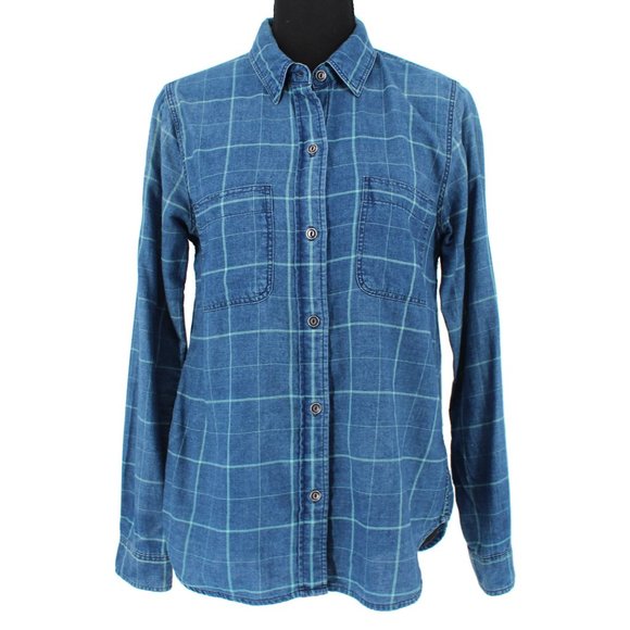 Faherty Windowpane Cotton Shirt Indigo Blue Green Plaid Button-Up Small - Picture 2 of 7